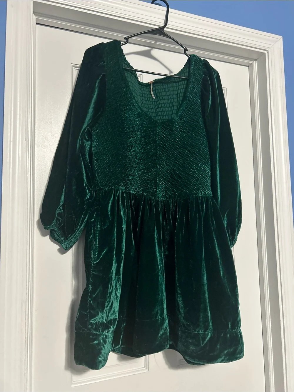 Free People large Farrier greenvelvet mini dress Christmas smocked bodice